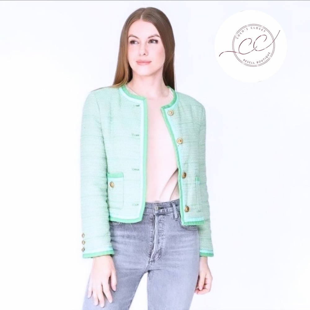 J Crew Spearmint Mint Green Tweed Collarless
Lady's Jacket
